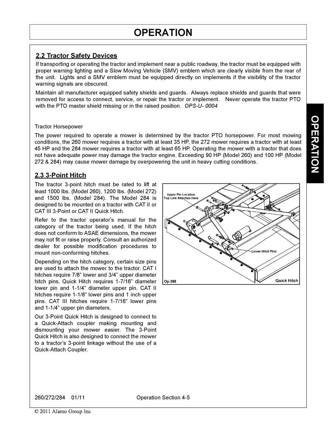 Alamo 284, 260, 272 manual Tractor Safety Devices, 2.3 3-Point Hitch, Operation 