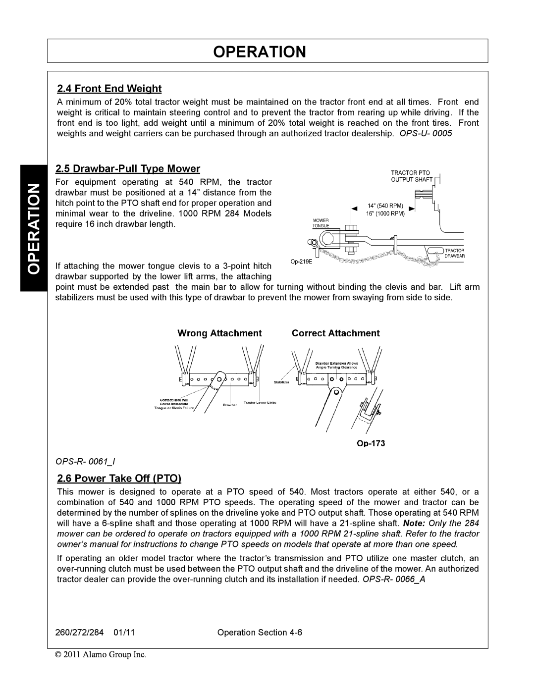 Alamo 260, 284, 272 manual Front End Weight, Drawbar-Pull Type Mower, Power Take Off PTO, Operation 
