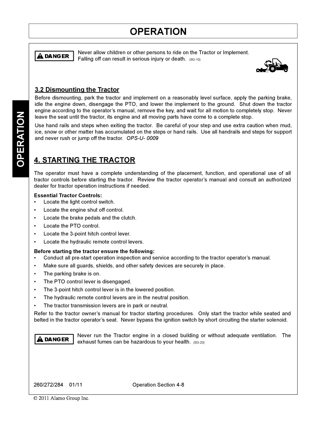 Alamo 284, 260, 272 manual Starting The Tractor, Dismounting the Tractor, Operation, Essential Tractor Controls 