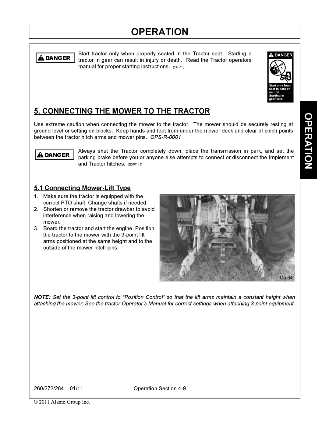 Alamo 260, 284, 272 manual Connecting The Mower To The Tractor, Connecting Mower-Lift Type, Operation 