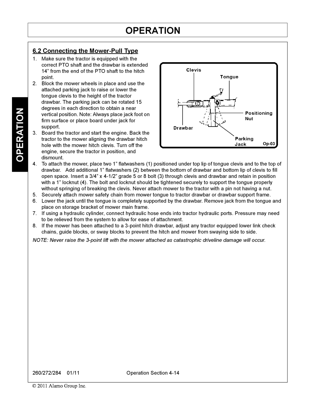 Alamo 284, 260, 272 manual Connecting the Mower-Pull Type, Operation 