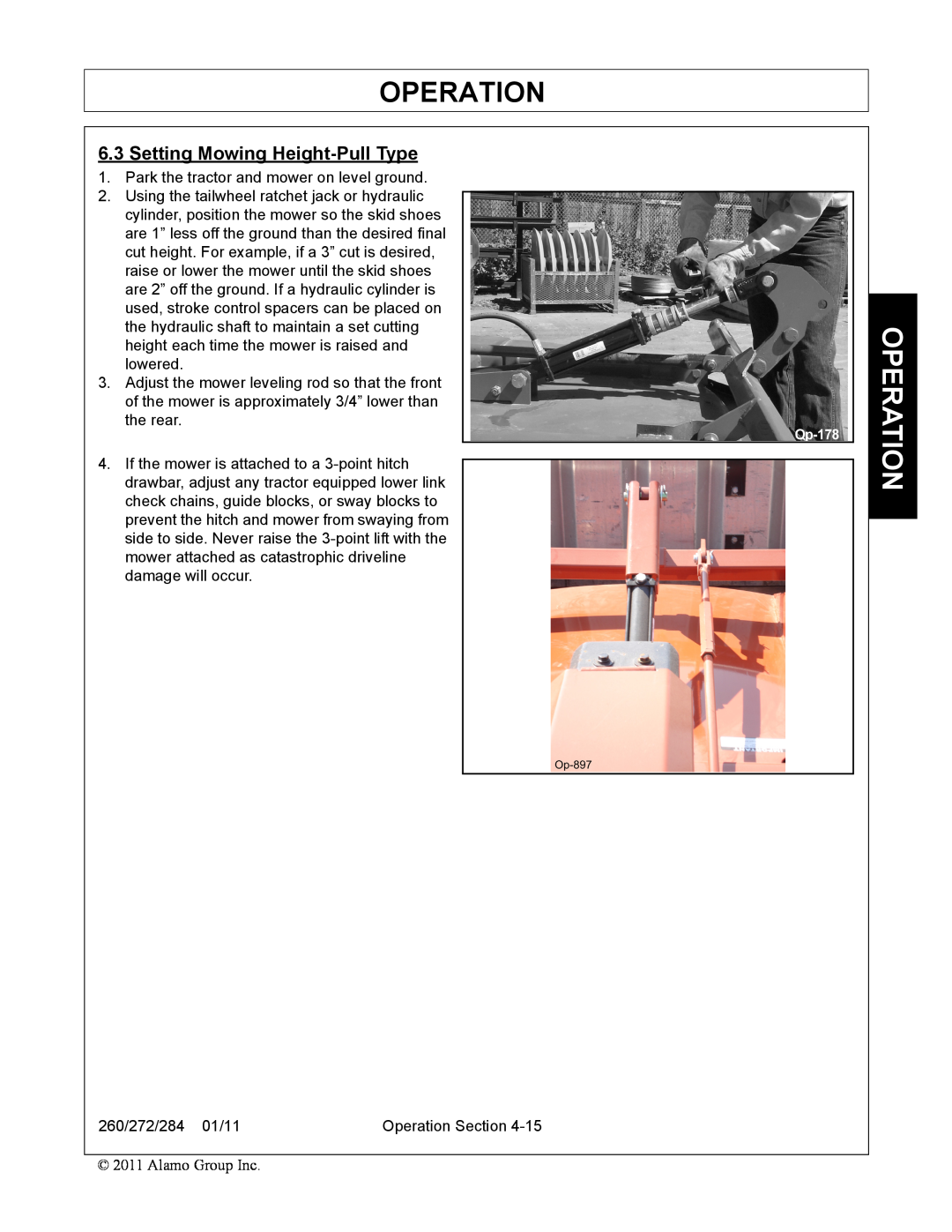 Alamo 260, 284, 272 manual Setting Mowing Height-Pull Type, Operation 