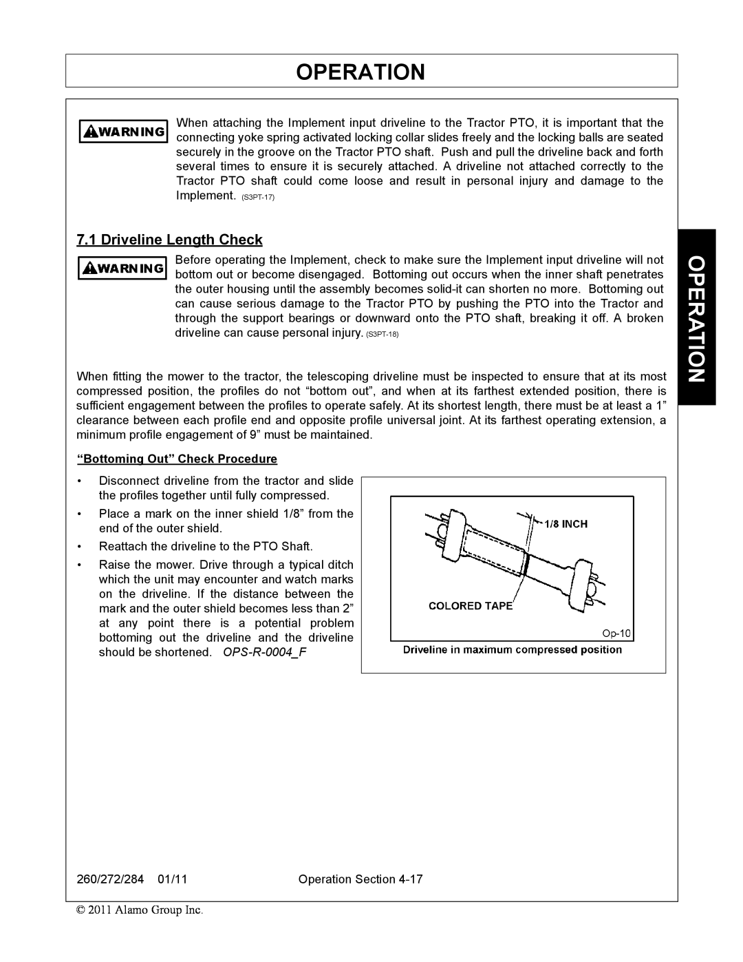 Alamo 284, 260, 272 manual Driveline Length Check, Operation, “Bottoming Out” Check Procedure 