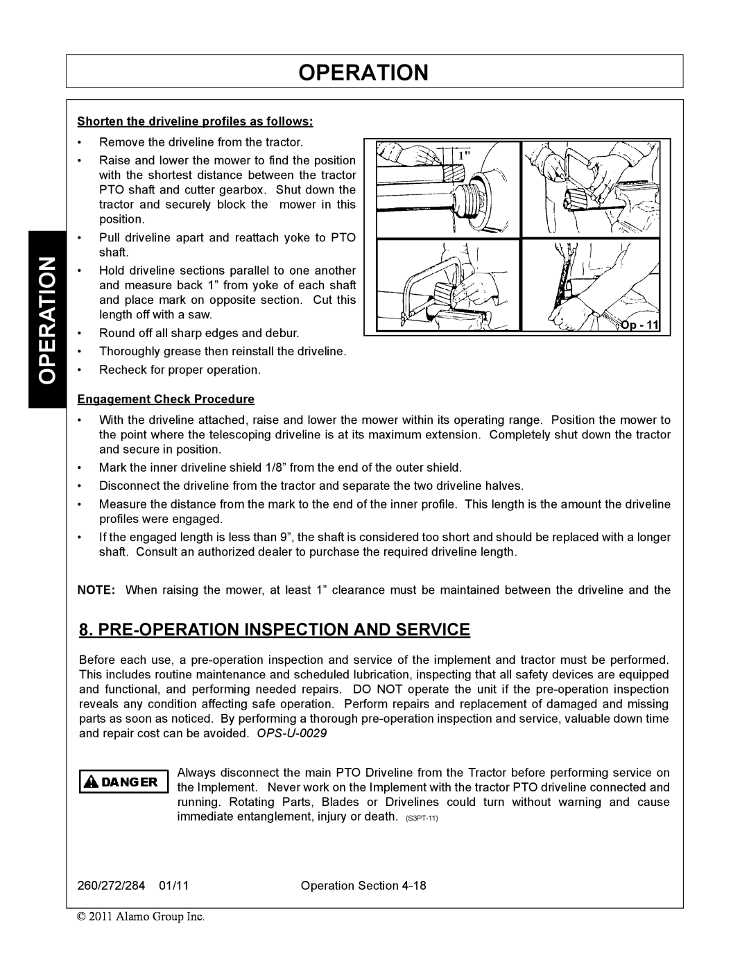 Alamo 260, 284 Pre-Operation Inspection And Service, Shorten the driveline profiles as follows, Engagement Check Procedure 