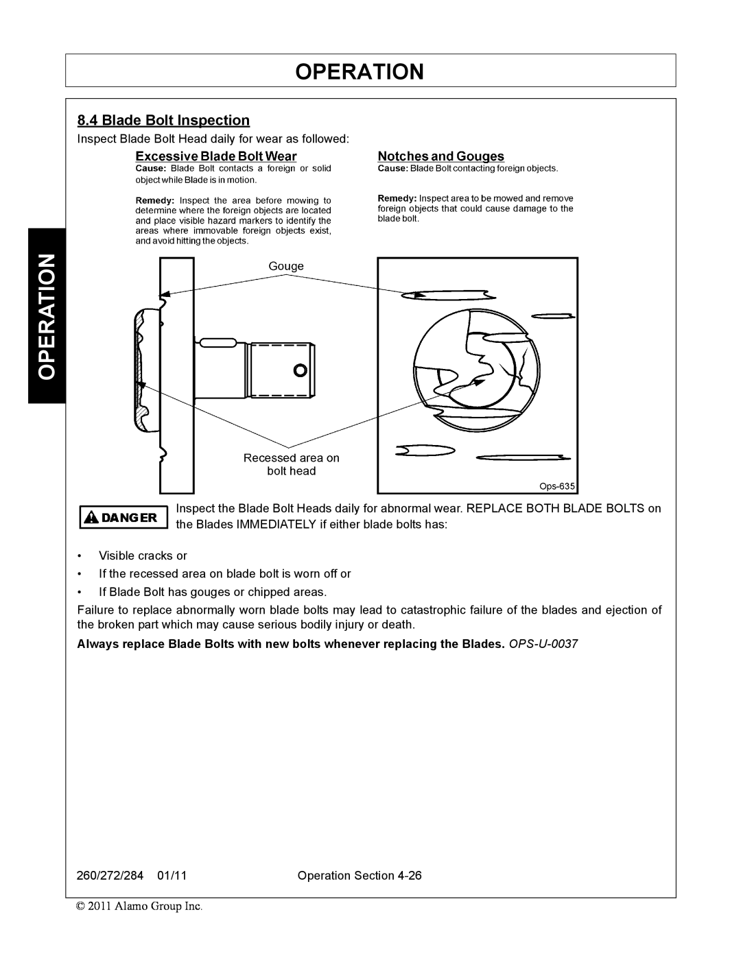 Alamo 284, 260, 272 manual Blade Bolt Inspection, Operation 