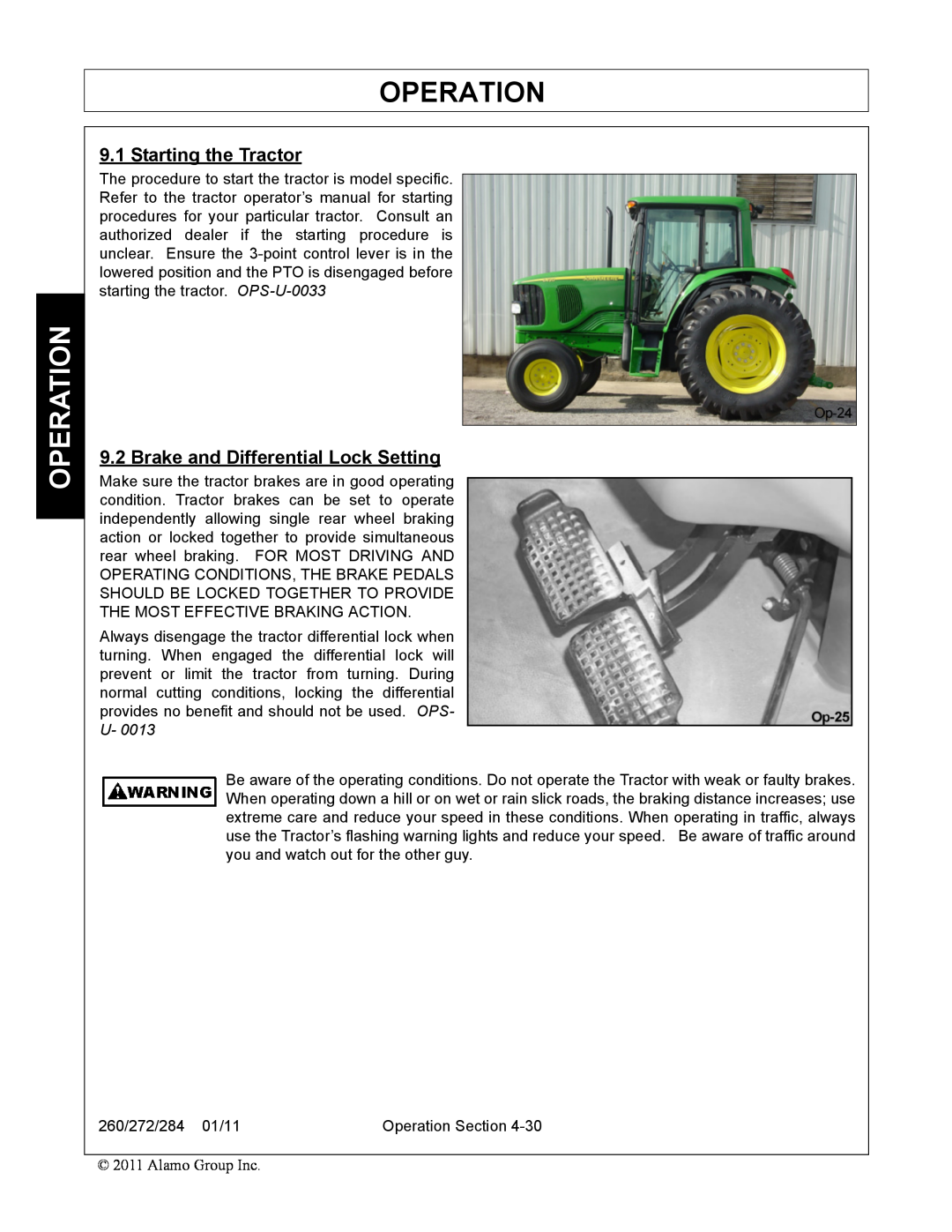 Alamo 260, 284, 272 manual Starting the Tractor, Brake and Differential Lock Setting, Operation 