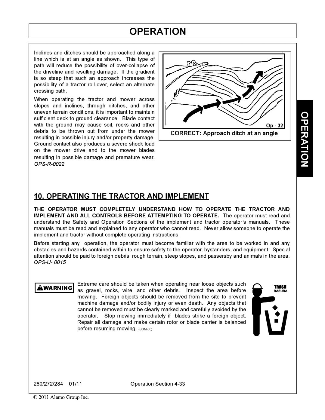 Alamo 260, 284, 272 manual Operating The Tractor And Implement, Operation, OPS-R-0022 