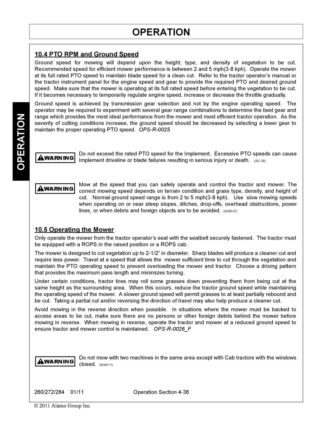 Alamo 260, 284, 272 manual PTO RPM and Ground Speed, Operating the Mower, Operation 