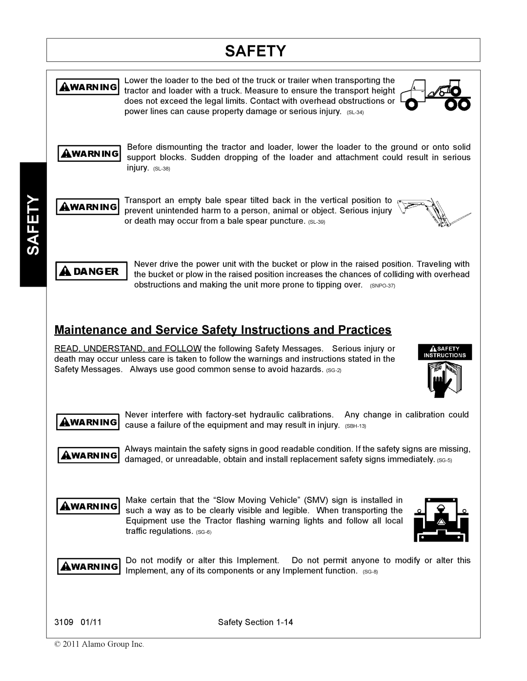 Alamo 3109 manual Maintenance and Service Safety Instructions and Practices 