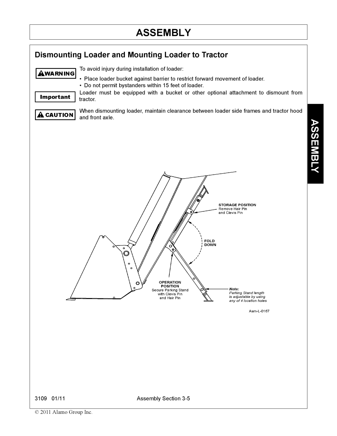 Alamo 3109 manual Dismounting Loader and Mounting Loader to Tractor 