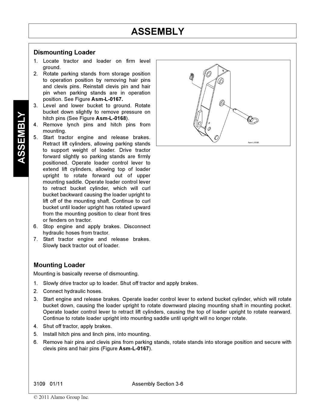 Alamo 3109 manual Dismounting Loader, Mounting Loader 