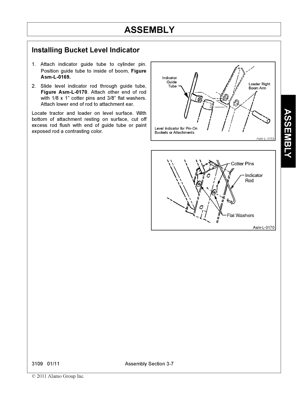 Alamo 3109 manual Installing Bucket Level Indicator, Asm-L-0169 