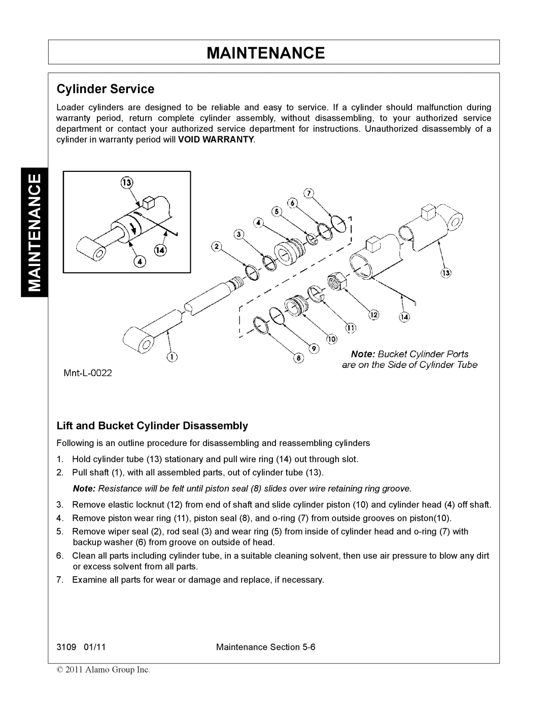 Alamo 3109 manual Cylinder Service, Lift and Bucket Cylinder Disassembly 