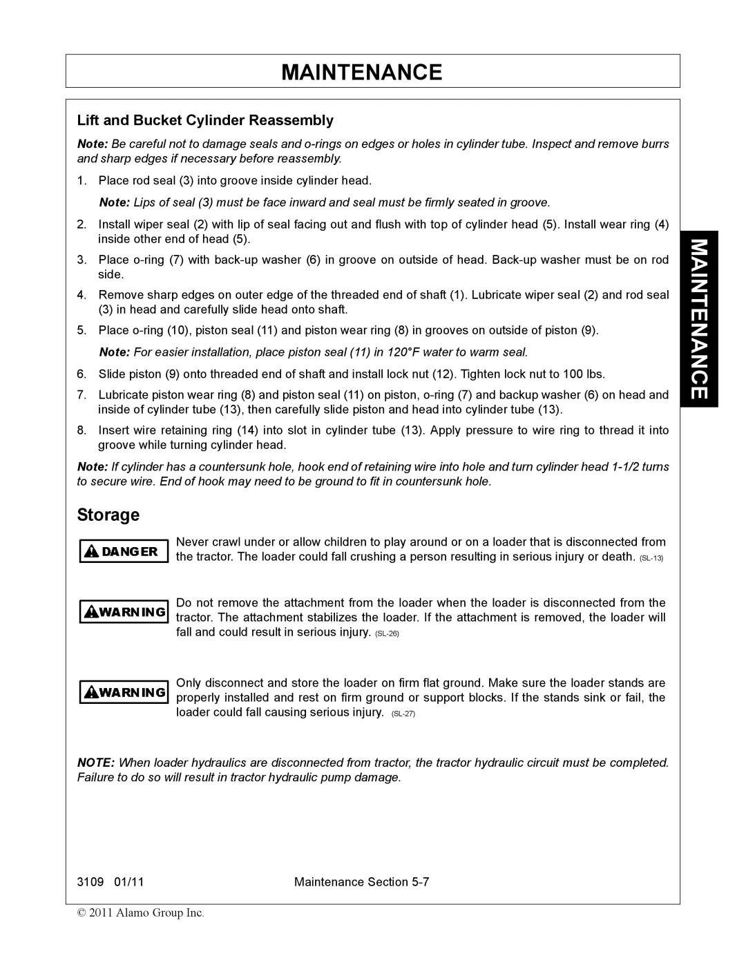 Alamo 3109 manual Storage, Lift and Bucket Cylinder Reassembly 