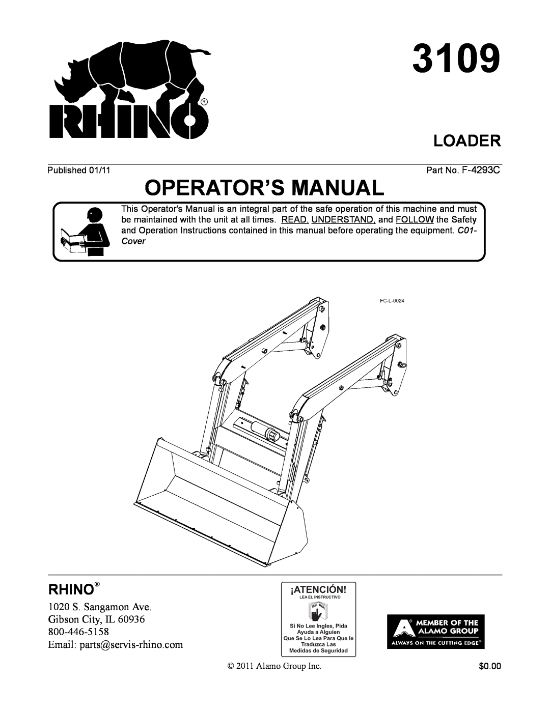 Alamo 3109 manual Loader, Operator’S Manual, Rhino, 1020 S. Sangamon Ave Gibson City, IL 60936 