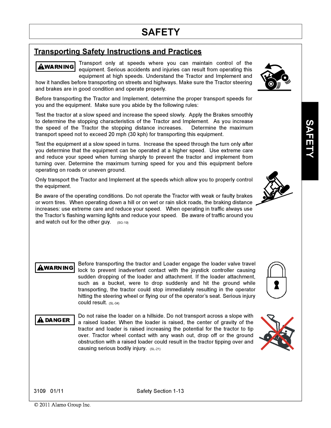 Alamo 3109 manual Transporting Safety Instructions and Practices 