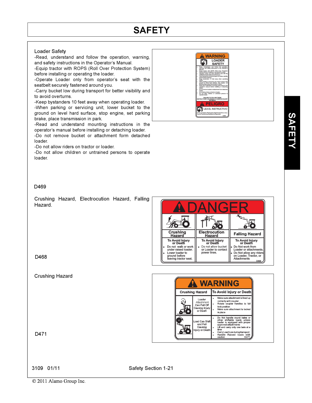Alamo manual Loader Safety, D469, D468 Crushing Hazard D471, 3109 01/11, Safety Section 