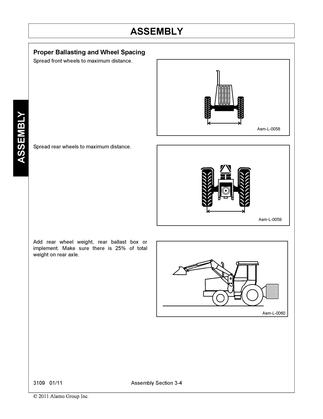Alamo manual Assembly, Proper Ballasting and Wheel Spacing, Spread front wheels to maximum distance, 3109 01/11 