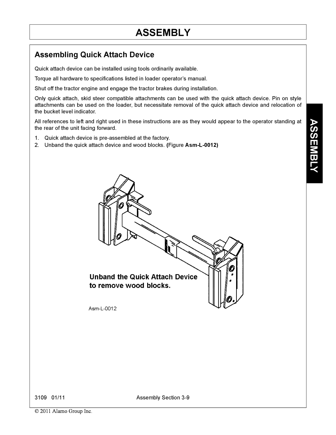 Alamo 3109 manual Assembly, Assembling Quick Attach Device 