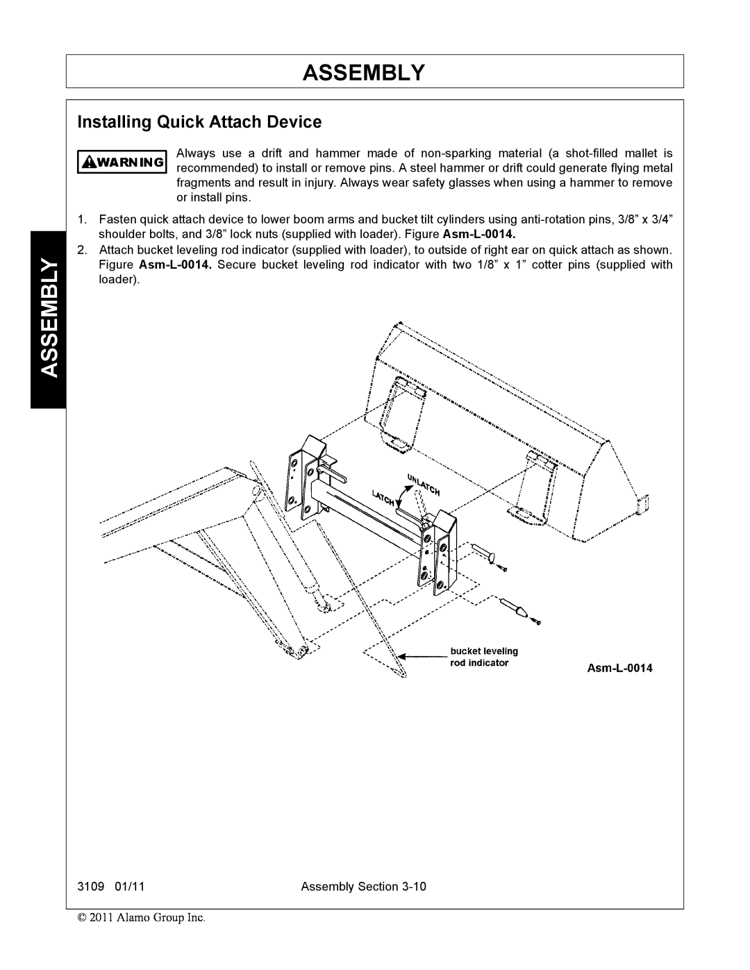 Alamo 3109 manual Assembly, Installing Quick Attach Device 