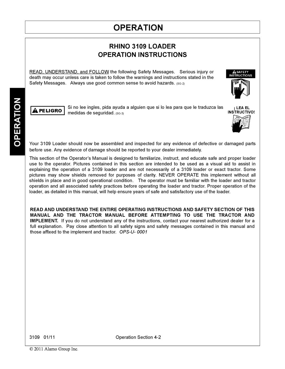 Alamo manual Operation, RHINO 3109 LOADER OPERATION INSTRUCTIONS 