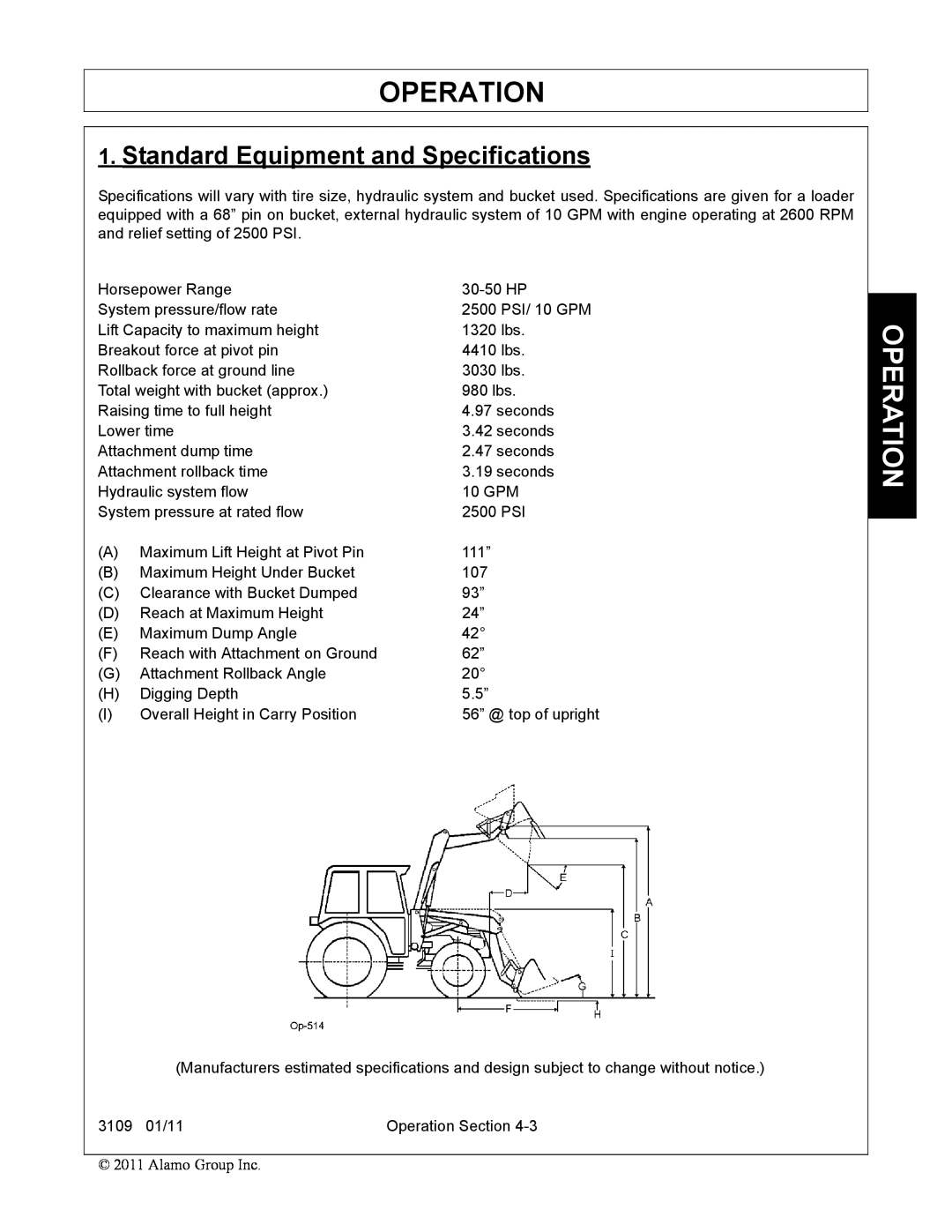 Alamo 3109 manual Operation, Standard Equipment and Specifications 