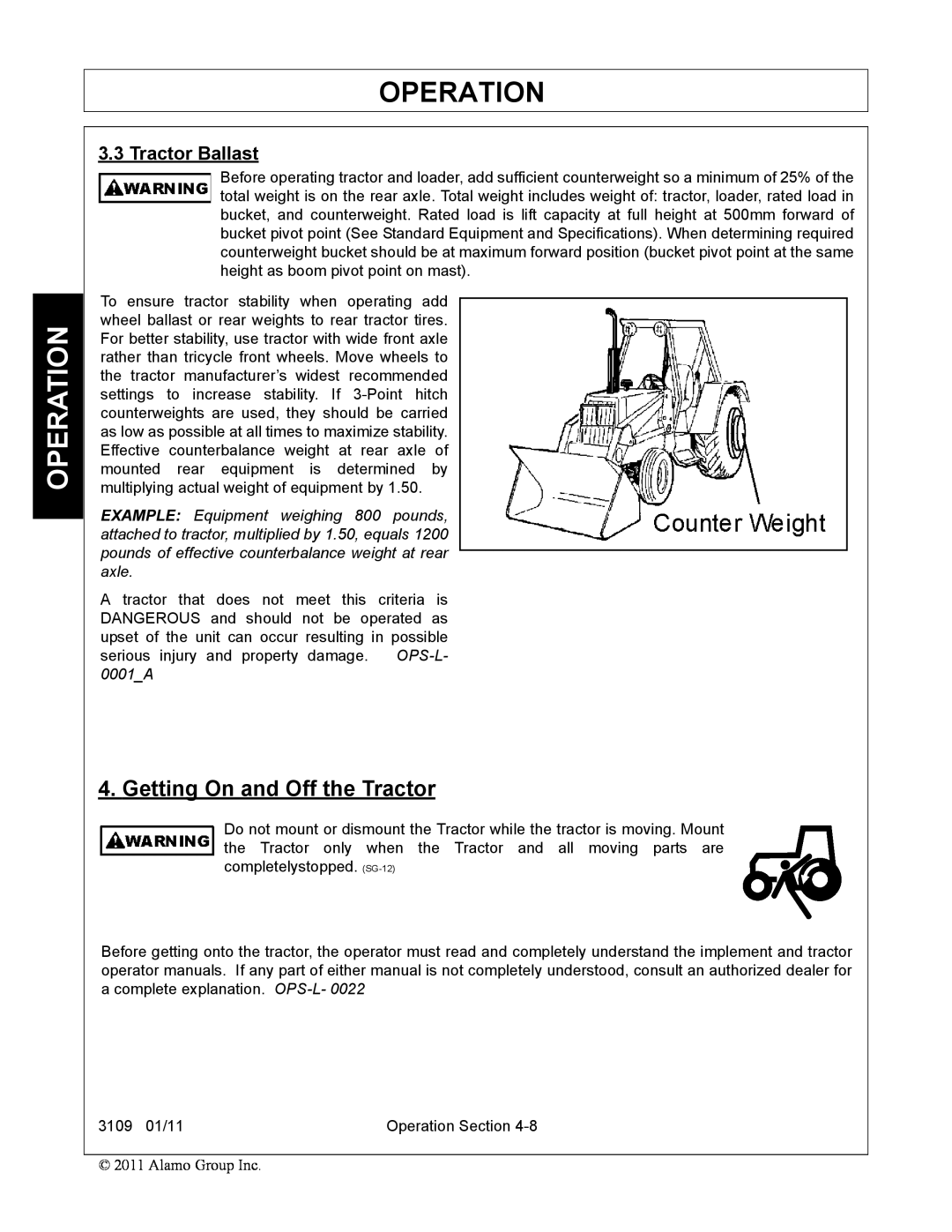 Alamo 3109 manual Operation, Getting On and Off the Tractor, Tractor Ballast 