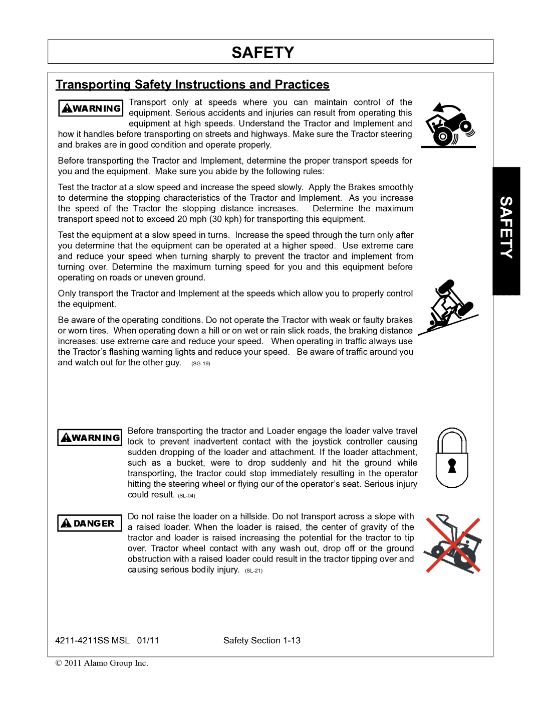 Alamo 4211 MSL manual Transporting Safety Instructions and Practices 