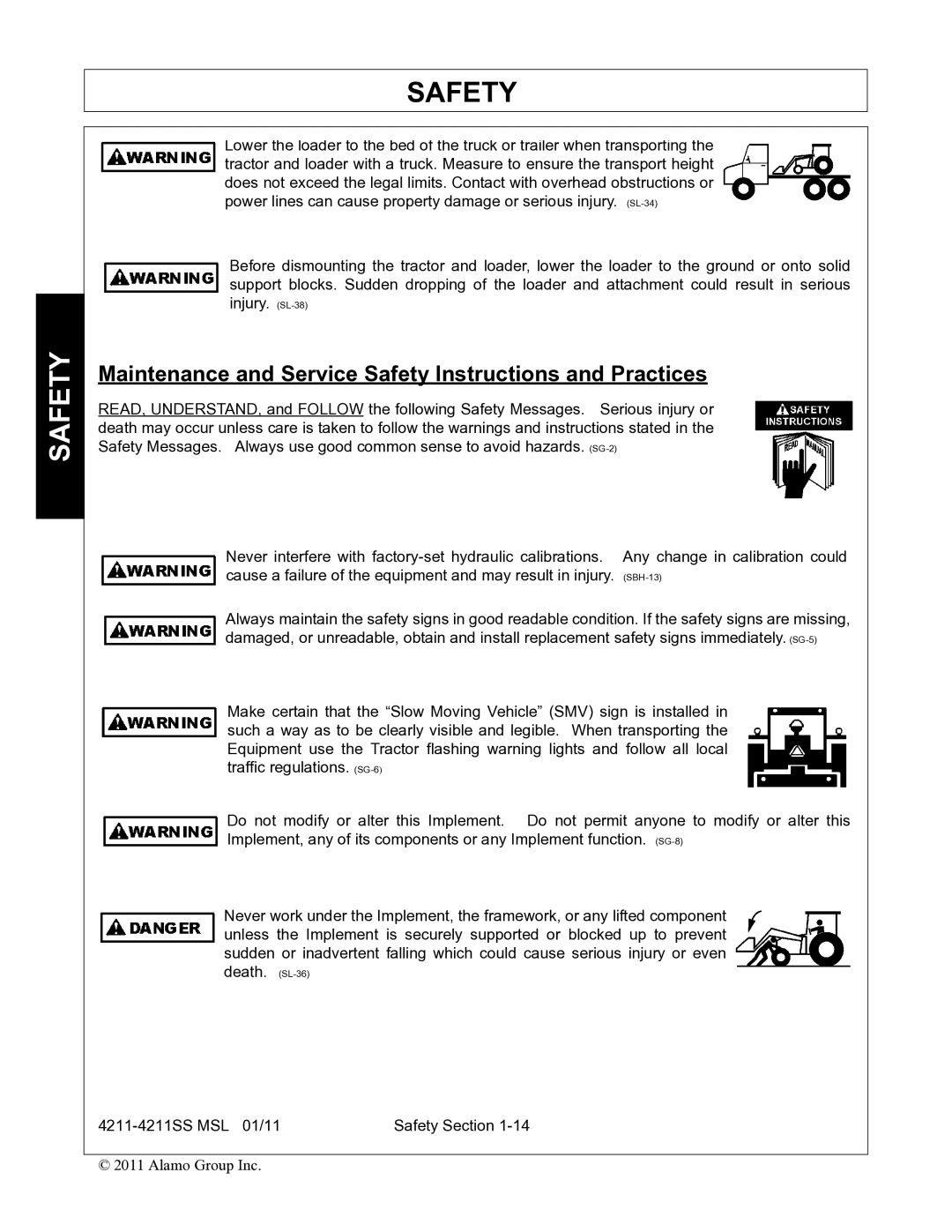 Alamo 4211 MSL manual Maintenance and Service Safety Instructions and Practices 