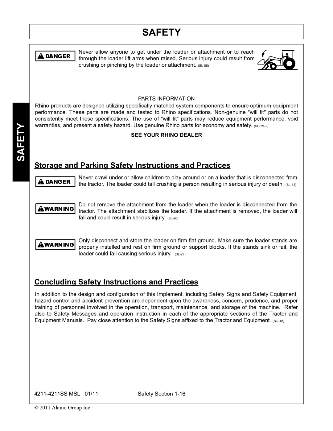 Alamo 4211 MSL manual Storage and Parking Safety Instructions and Practices, Concluding Safety Instructions and Practices 