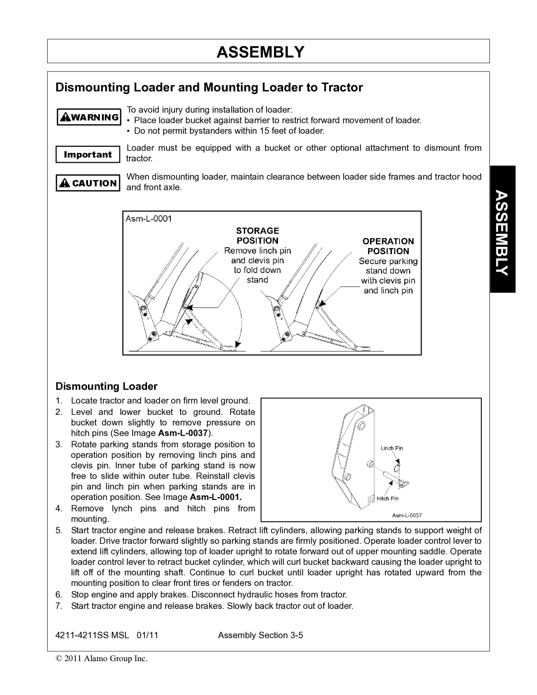 Alamo 4211 MSL manual Dismounting Loader and Mounting Loader to Tractor 