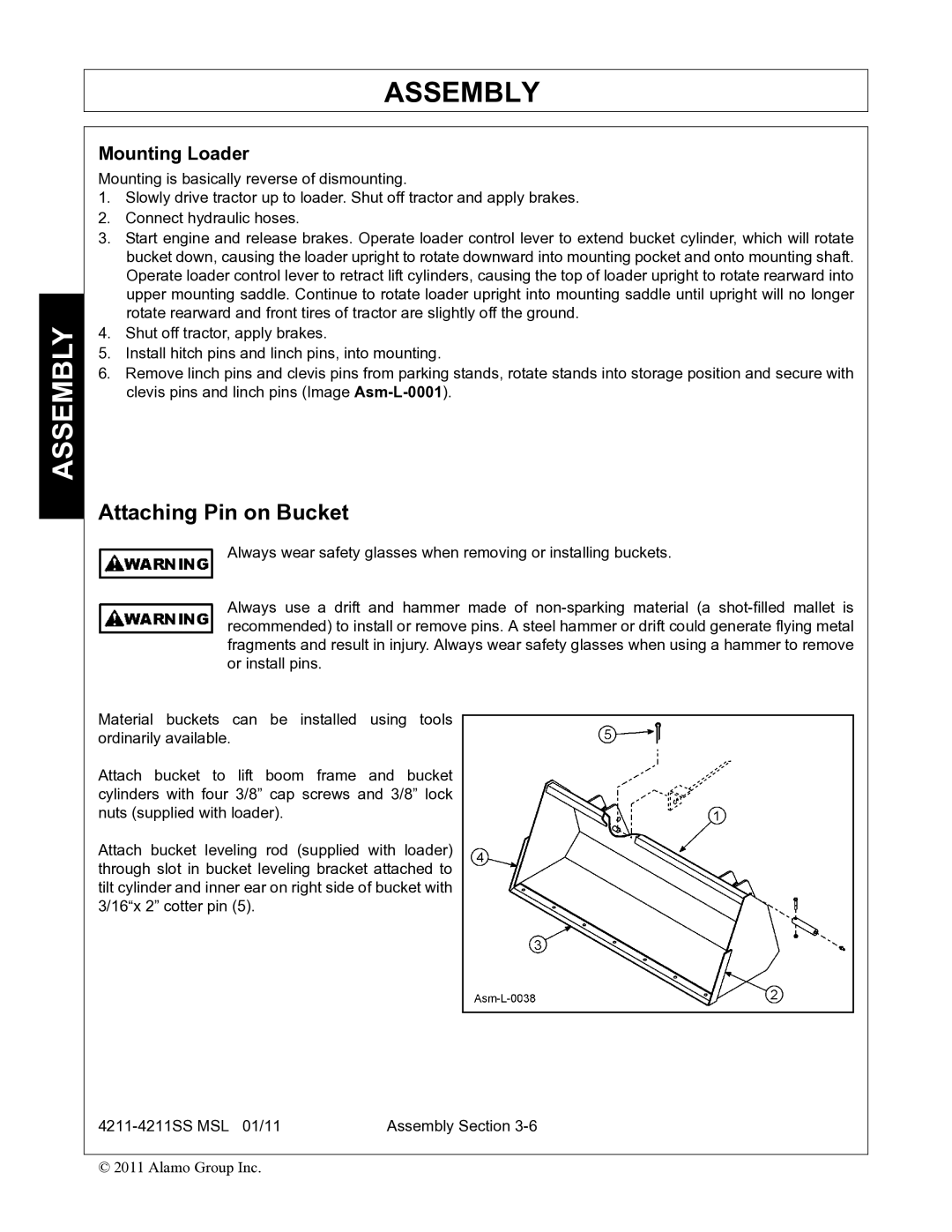 Alamo 4211 MSL manual Attaching Pin on Bucket, Mounting Loader 