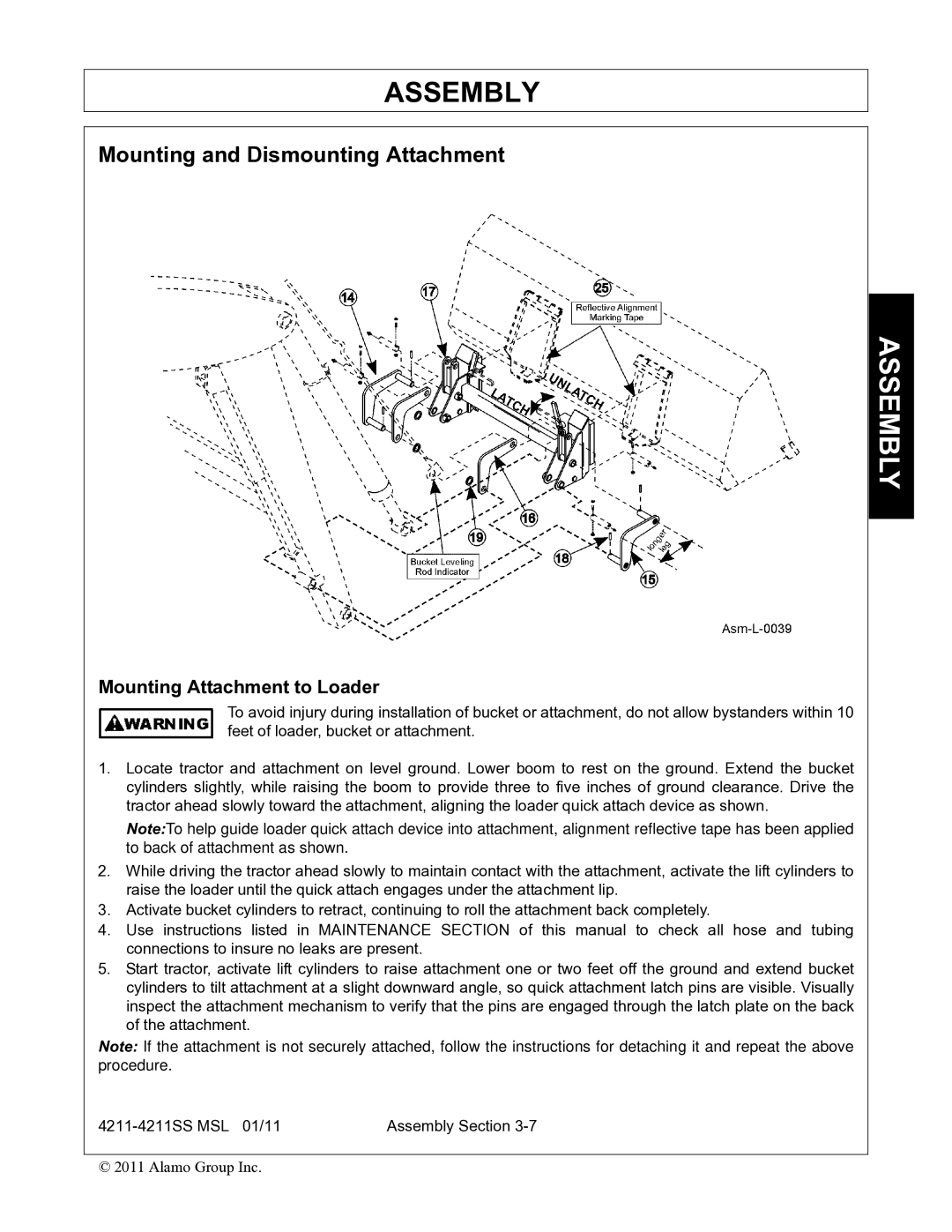 Alamo 4211 MSL manual Mounting and Dismounting Attachment, Mounting Attachment to Loader 