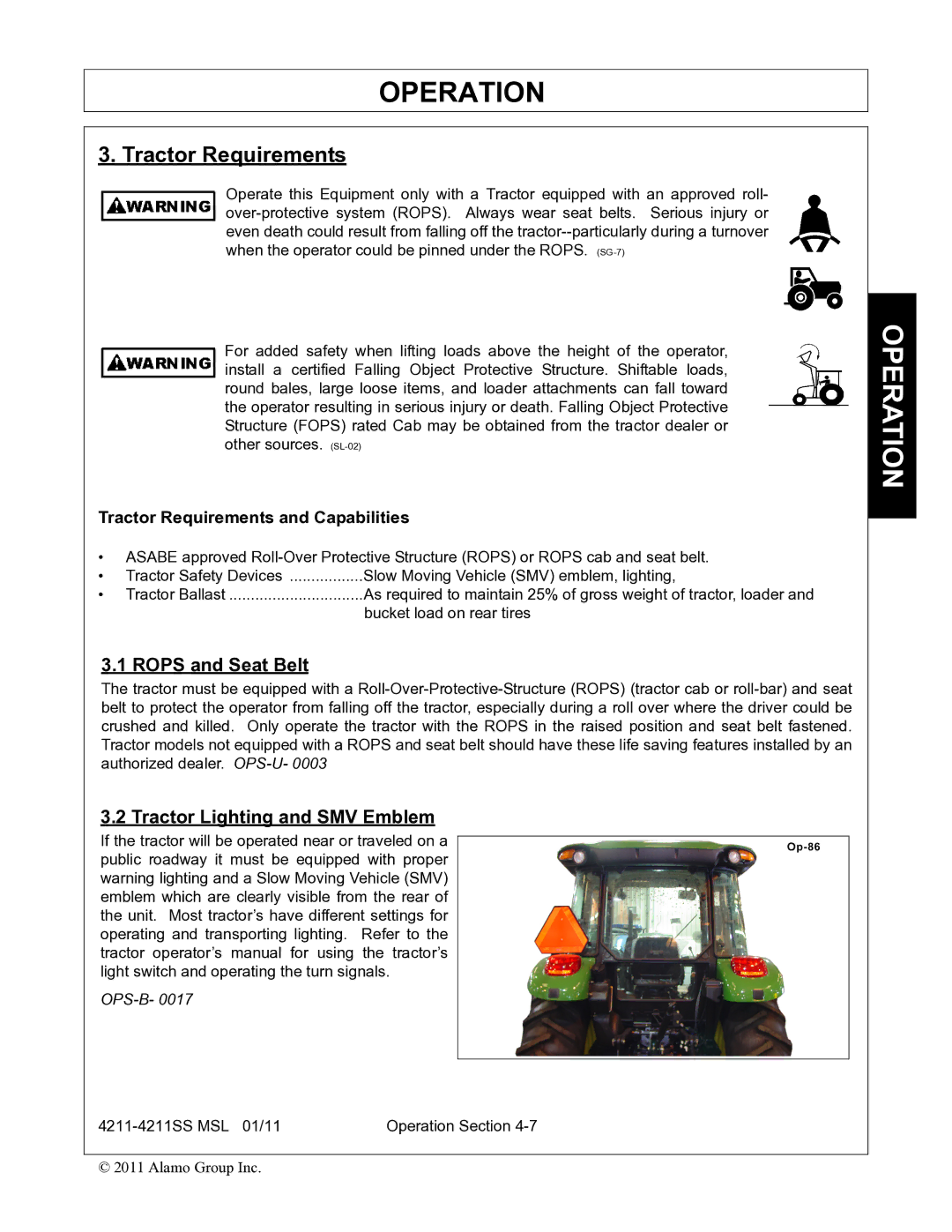 Alamo 4211 MSL manual Tractor Requirements, Rops and Seat Belt, Tractor Lighting and SMV Emblem 