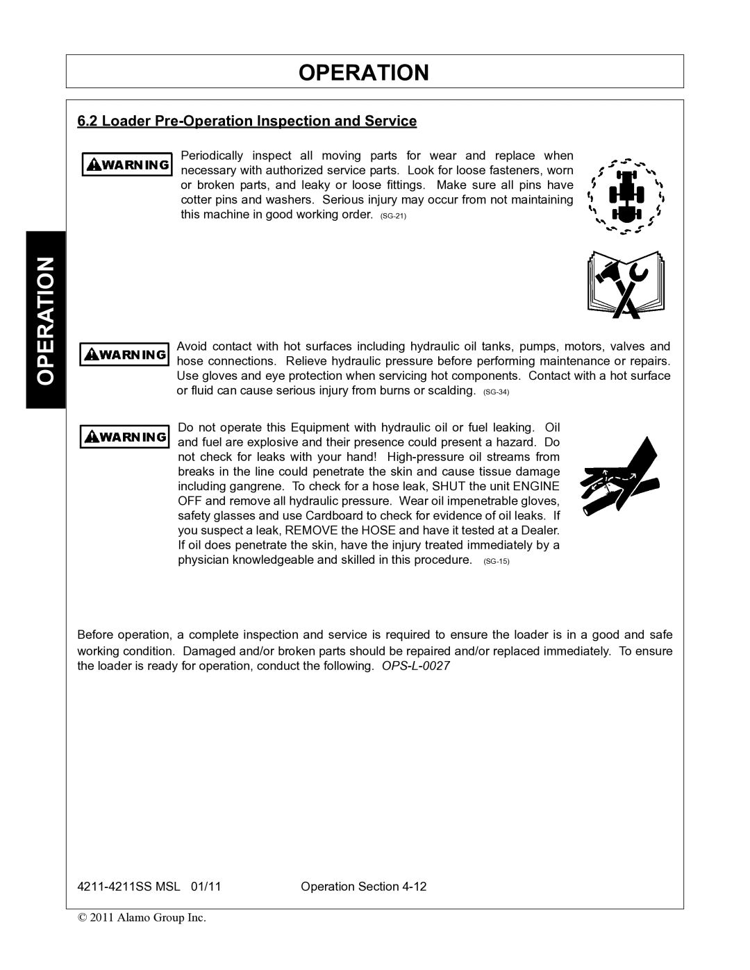 Alamo 4211 MSL manual Loader Pre-Operation Inspection and Service 