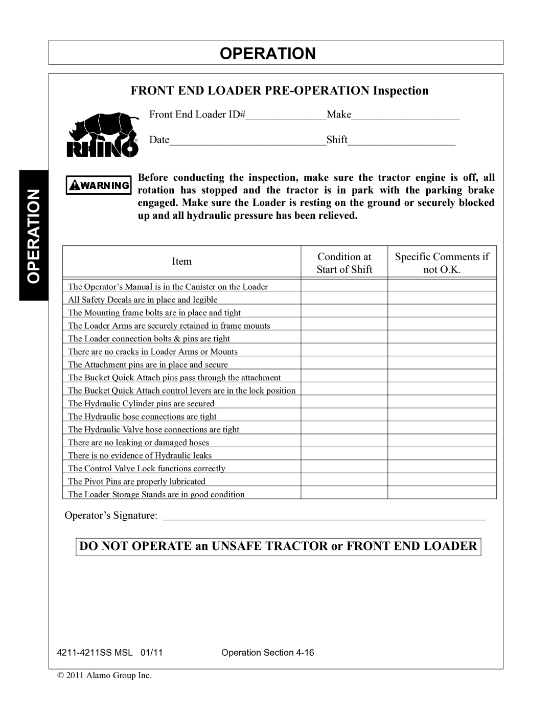 Alamo 4211 MSL manual Front END Loader PRE-OPERATION Inspection 