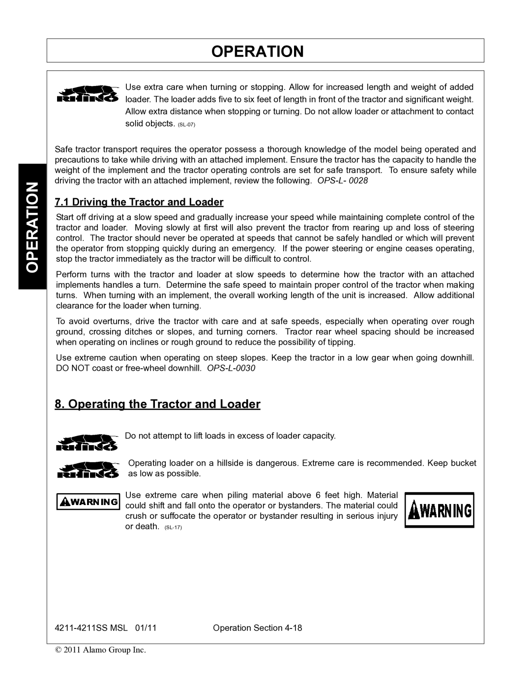 Alamo 4211 MSL manual Operating the Tractor and Loader, Driving the Tractor and Loader 