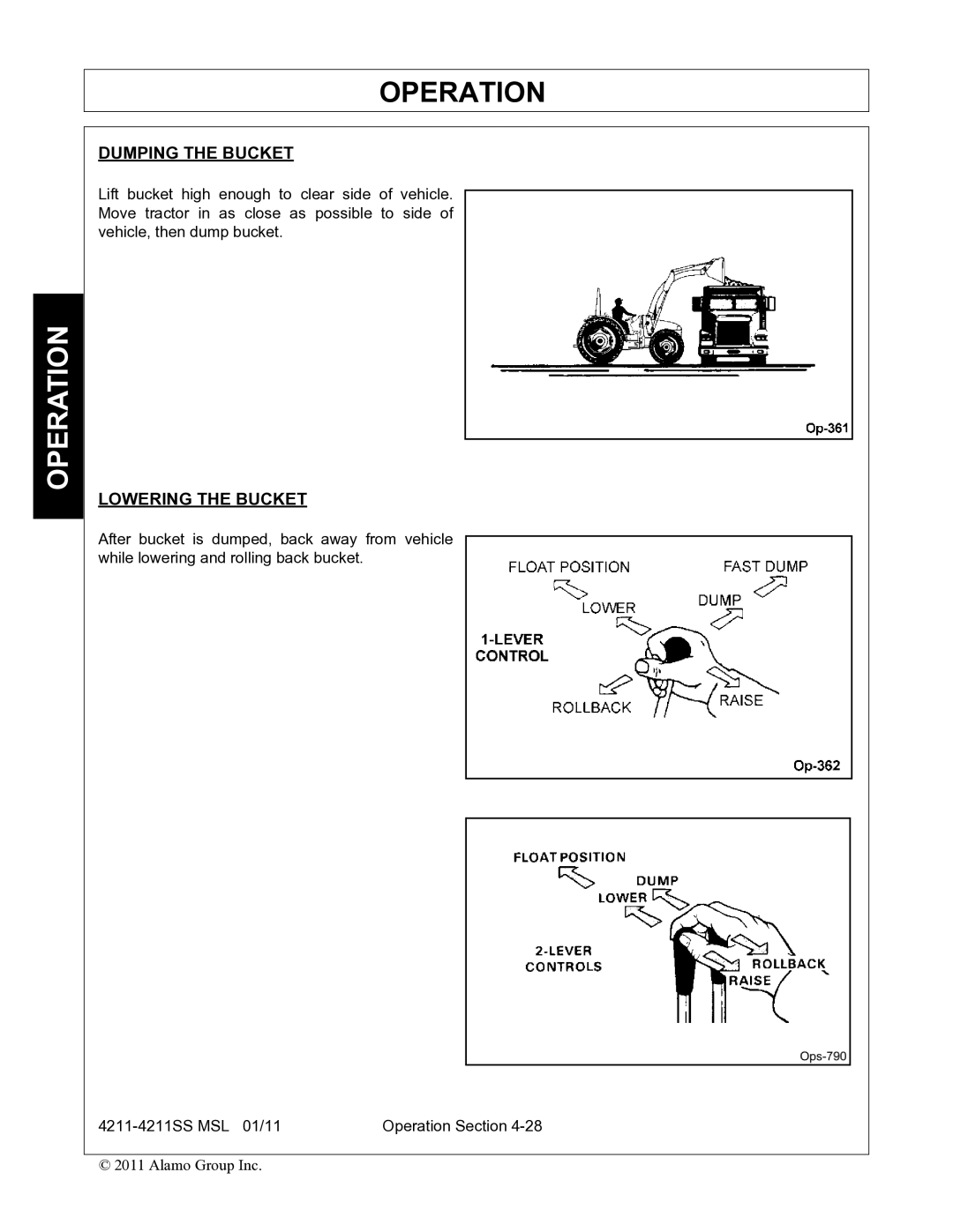 Alamo 4211 MSL manual Dumping the Bucket, Lowering the Bucket 