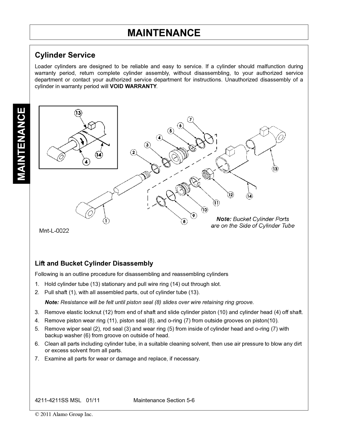 Alamo 4211 MSL manual Cylinder Service, Lift and Bucket Cylinder Disassembly 