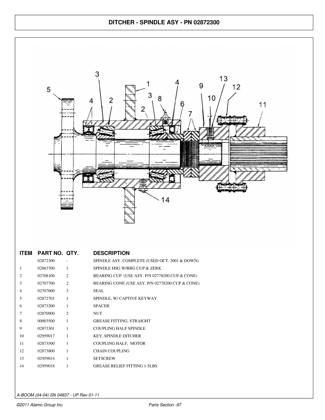 Alamo 4837 manual Ditcher Spindle ASY PN 