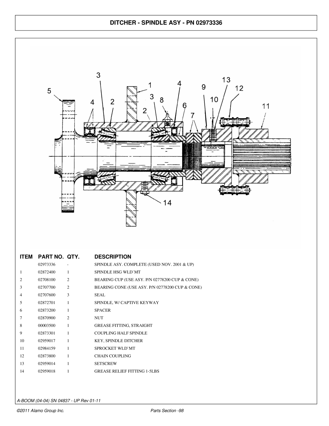 Alamo 4837 manual Spindle ASY. Complete Used NOV & UP, Spindle HSG WLD`MT, Sprocket WLD`MT 