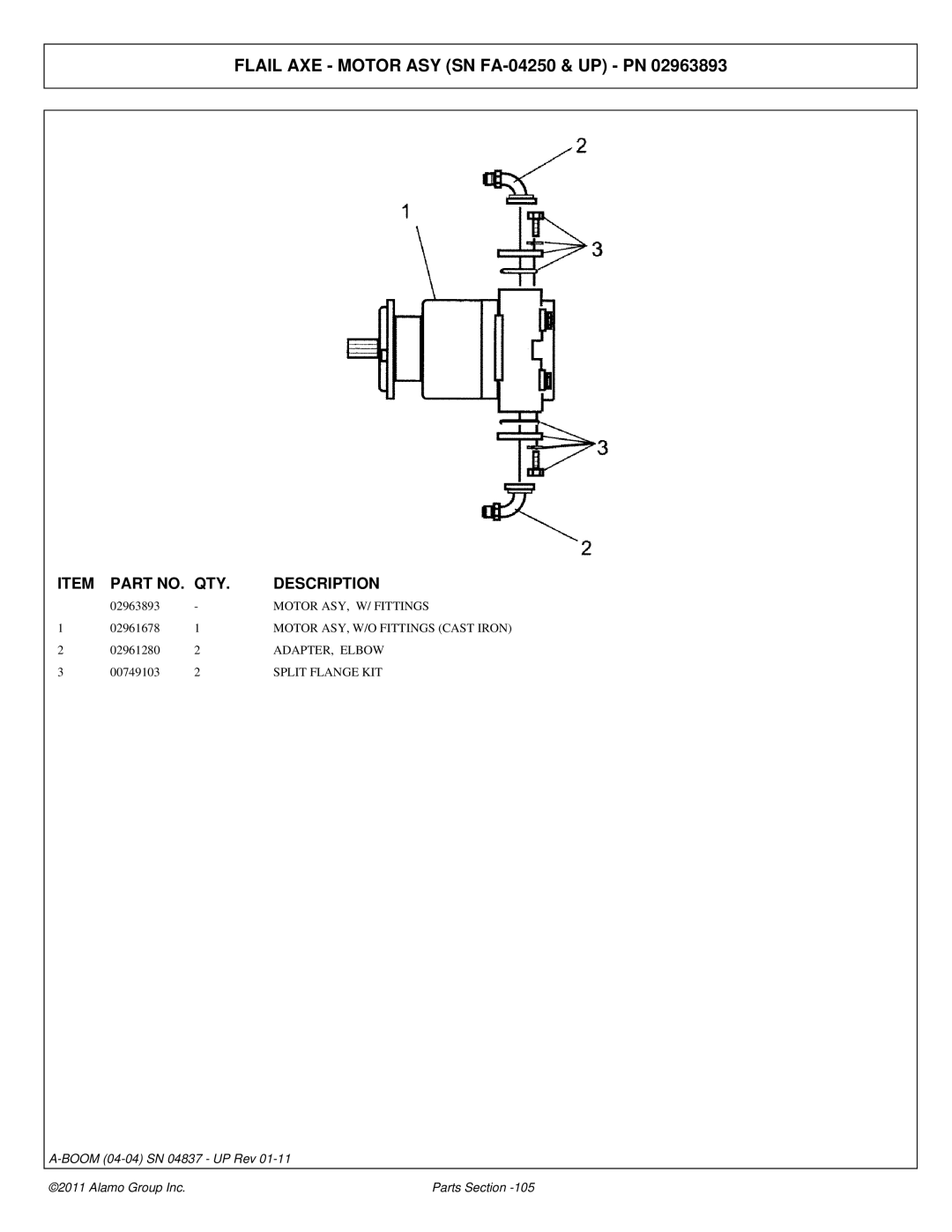 Alamo 4837 manual Flail AXE Motor ASY SN FA-04250 & UP PN, Motor ASY, W/ Fittings 