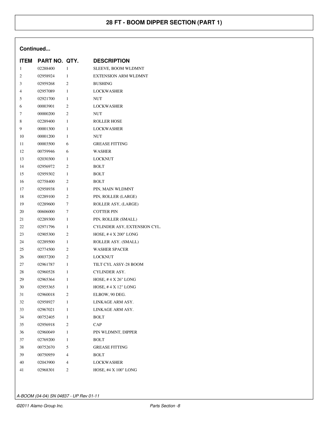 Alamo 4837 SLEEVE, Boom Wldmnt, Extension ARM Wldmnt, Bushing, Lockwasher, Nut, Roller Hose, Grease Fitting, Washer, Bolt 