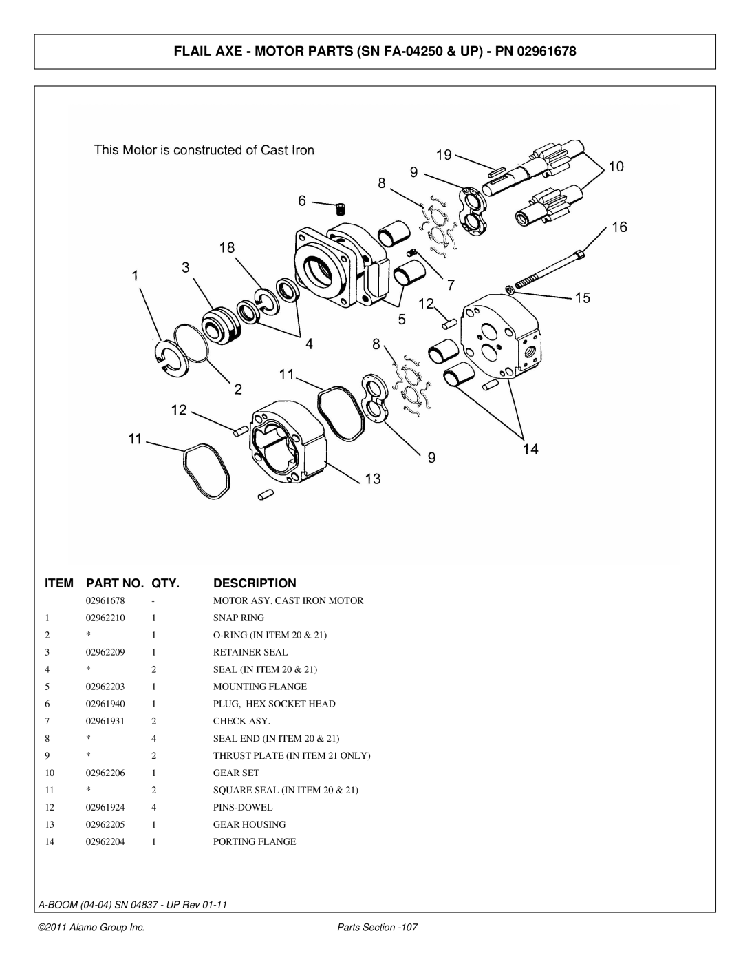 Alamo 4837 manual Flail AXE Motor Parts SN FA-04250 & UP PN, Motor ASY, Cast Iron Motor, Gear SET, Square Seal in Item 20 