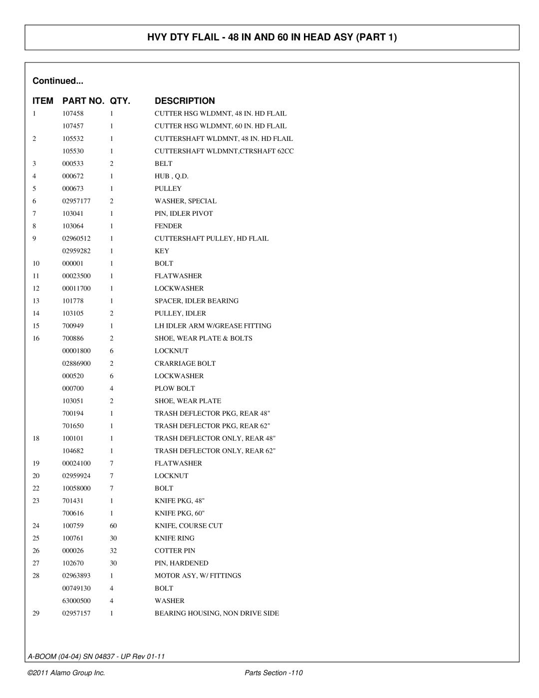 Alamo 4837 WASHER, Special, PIN, Idler Pivot, Fender, Cuttershaft PULLEY, HD Flail, SPACER, Idler Bearing, PULLEY, Idler 