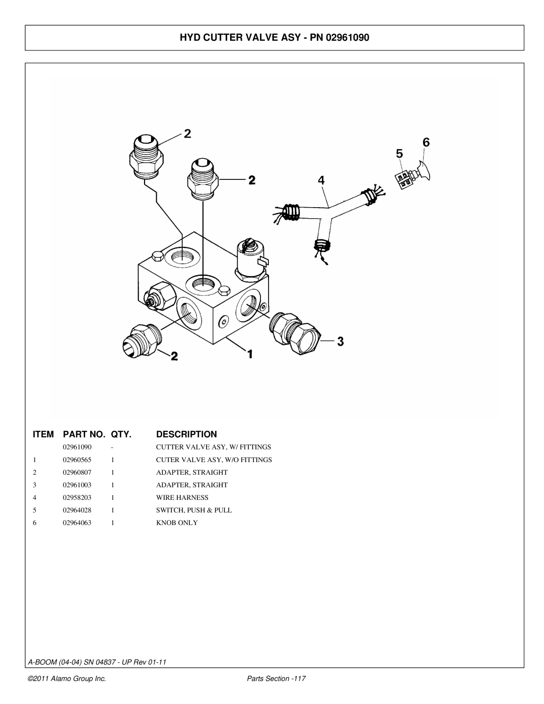 Alamo 4837 manual HYD Cutter Valve ASY PN, Wire Harness, SWITCH, Push & Pull, Knob only 