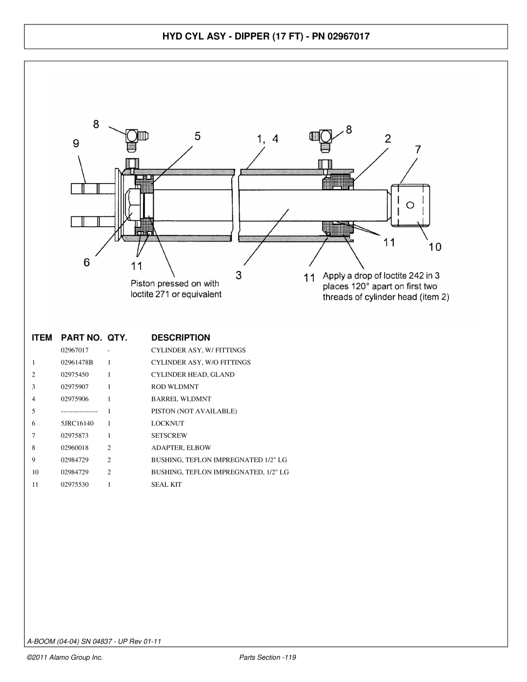 Alamo 4837 manual HYD CYL ASY Dipper 17 FT PN 