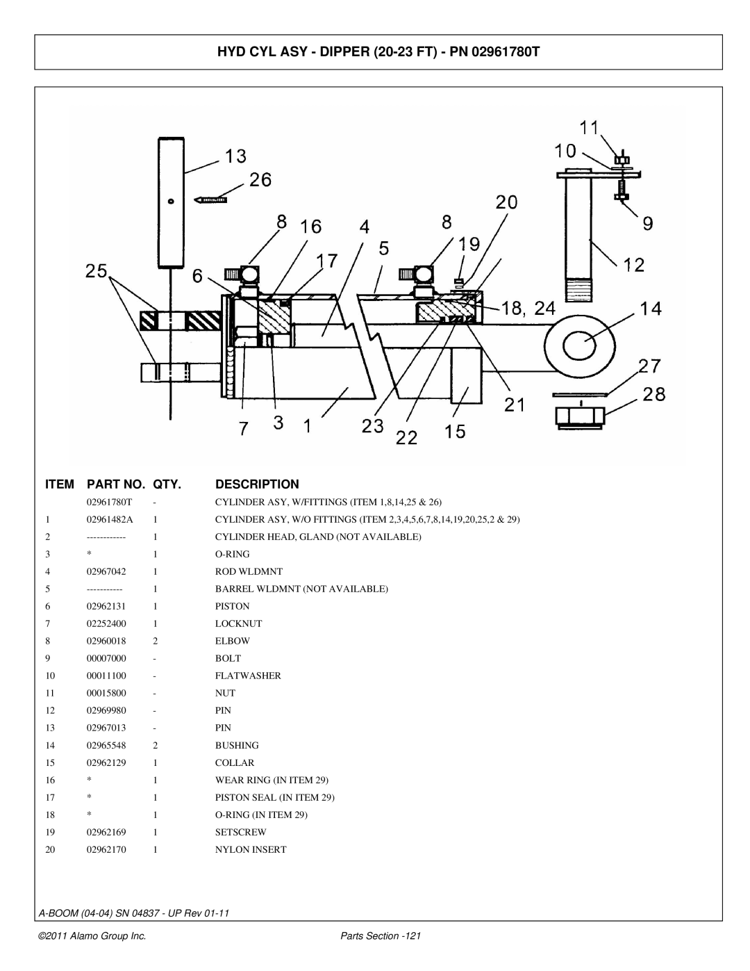 Alamo 4837 manual HYD CYL ASY Dipper 20-23 FT PN 02961780T 