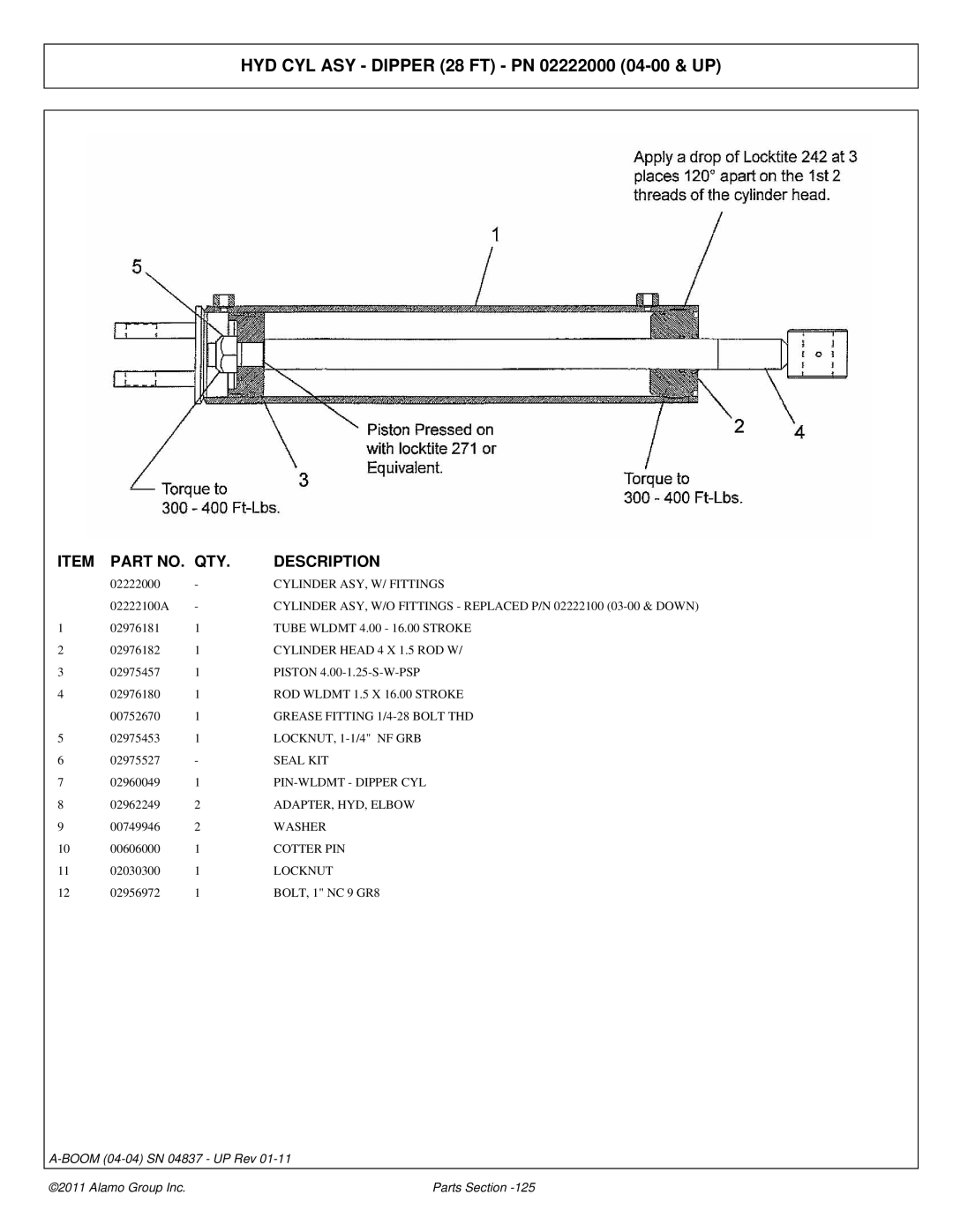 Alamo 4837 manual HYD CYL ASY Dipper 28 FT PN 02222000 04-00 & UP 