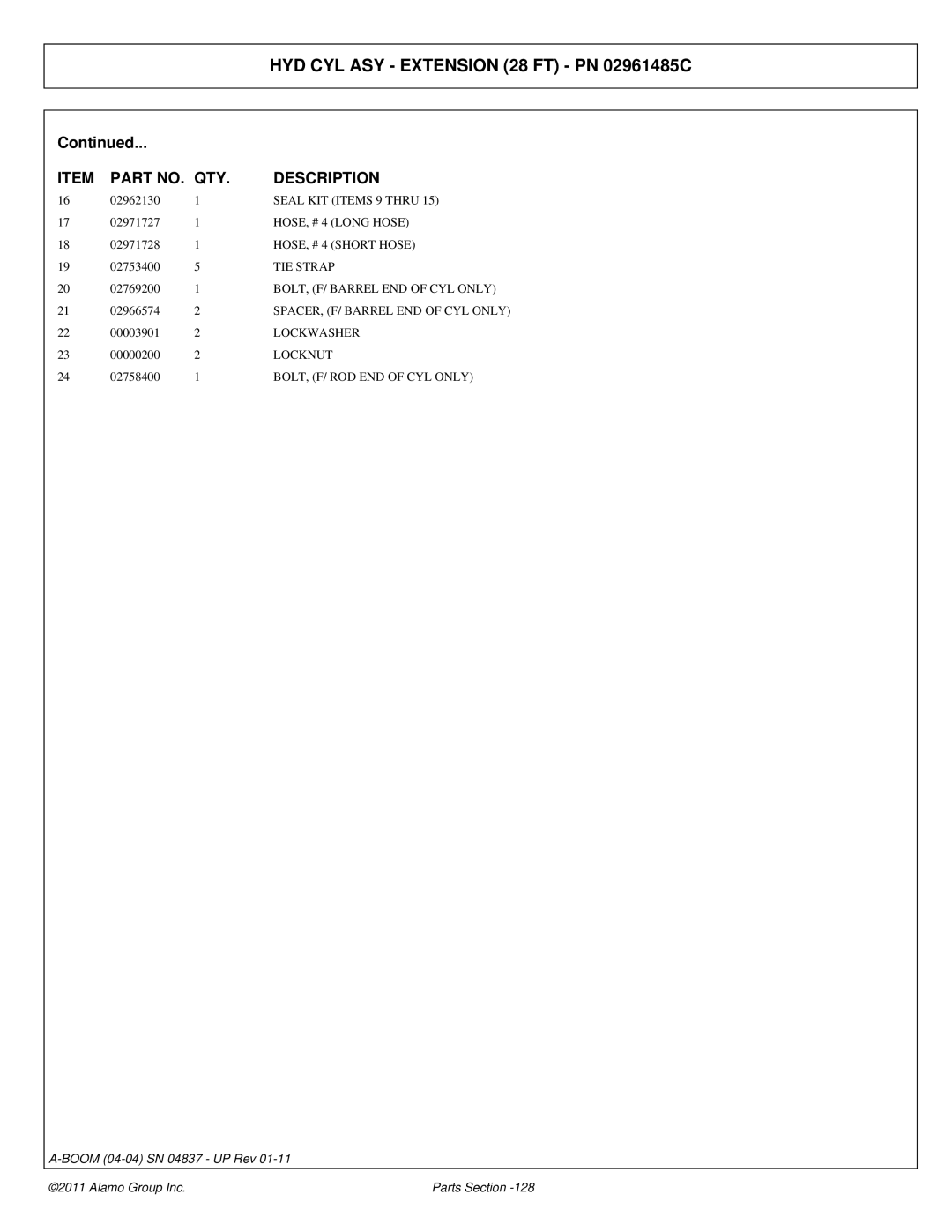 Alamo 4837 Seal KIT Items 9 Thru, HOSE, # 4 Long Hose, HOSE, # 4 Short Hose, TIE Strap, BOLT, F/ Barrel END of CYL only 